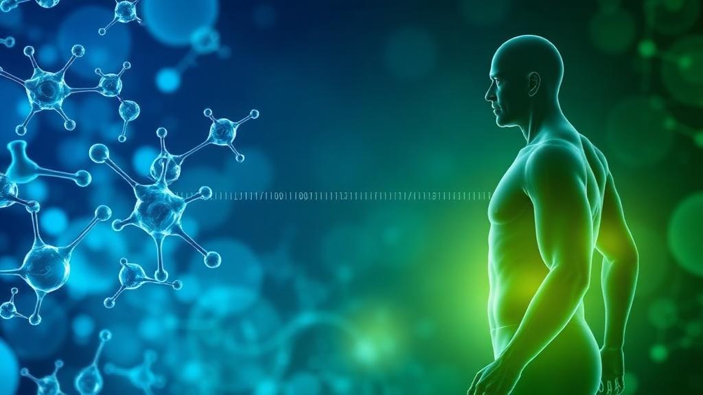 Protein molecules and amino acid chains with human body illustration ...